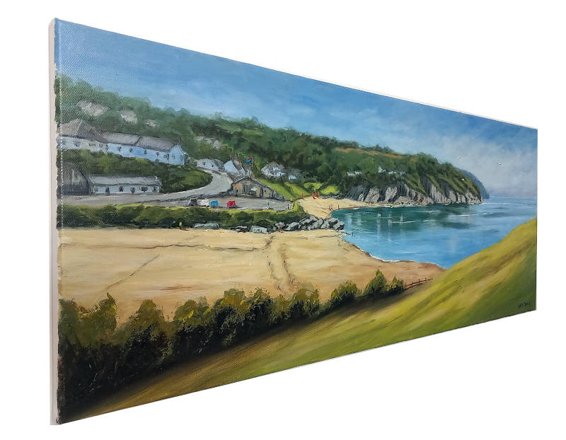 aberporth beach painting hanging on a wall ready to be sold