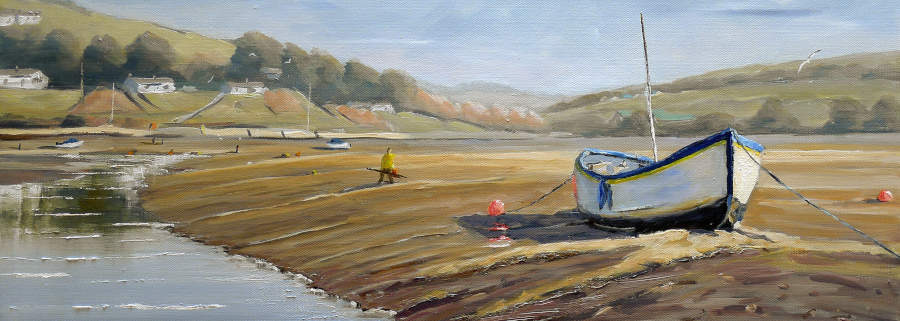 A original oil painting of a fishing boat on the river Teifi near Cardigan bay