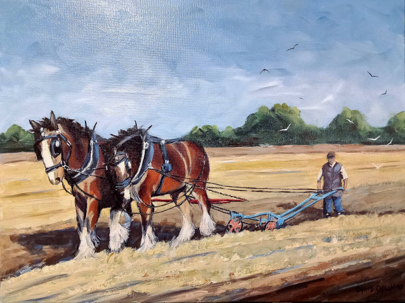 Horses Ploughing Painting painted in oil paint