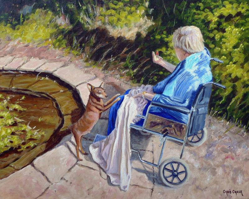 wheelchair and dog painting