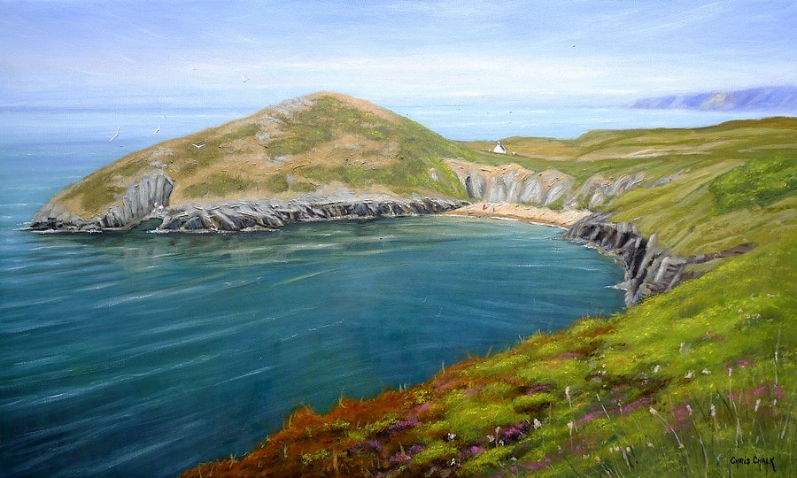 A original oil painting of Mwnt beach in west Wales with Mwnt church on the right and Cardigan bay on the left