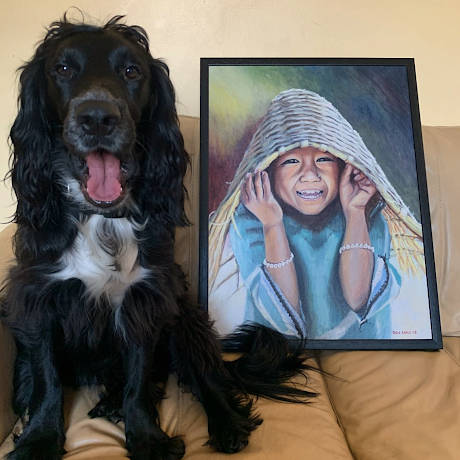 oil painting of nepalese basket girl with a dog sitting next to it