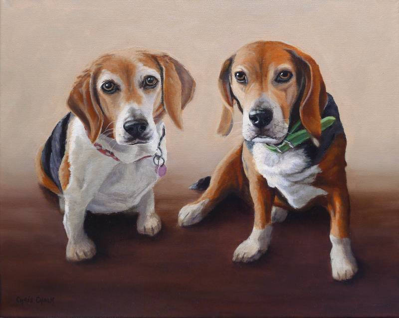 Pet portrait painting of two beagles