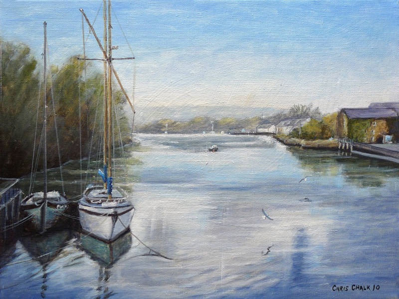 A painting of the river Teifi as it passes under Cardigan old stone 1000 year old bridge